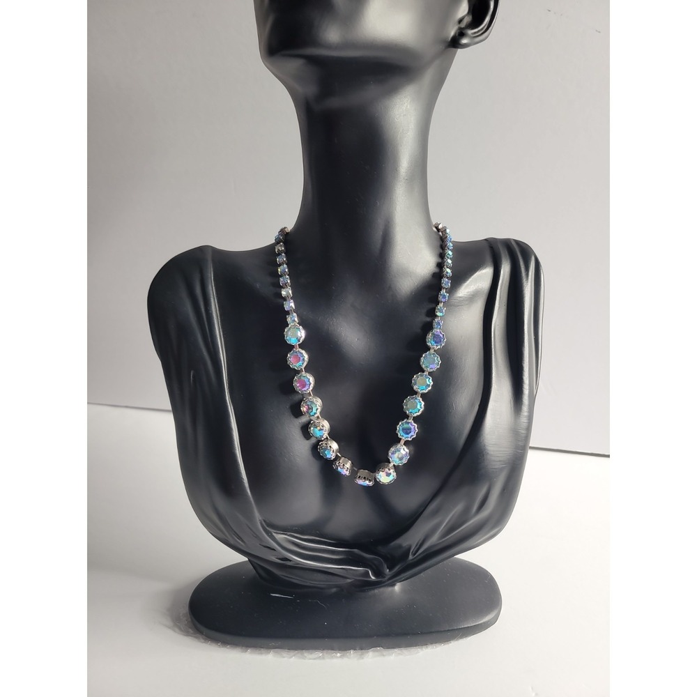 Vintage Weiss Aurora Borealis Rhinestone Necklace Silver Tone Graduated AB
